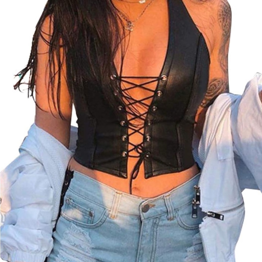Black Faux Leather Lace-Up Halter Top